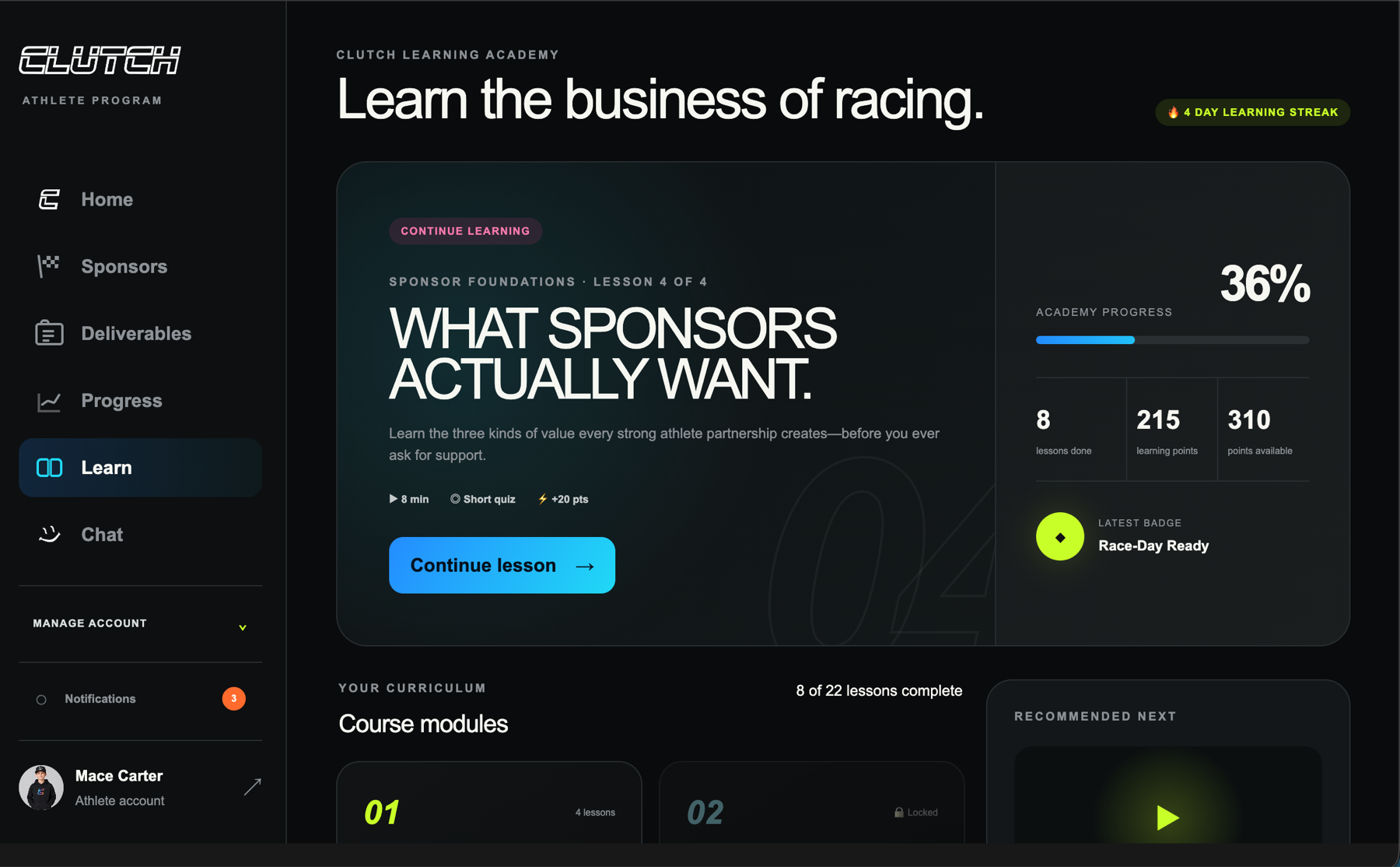 CLUTCH Learning Academy dashboard showing sponsor education, curriculum progress, streak, and learning points