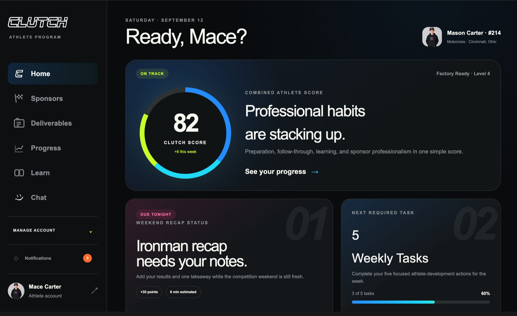 CLUTCH Athlete Program home dashboard showing athlete score, weekly tasks, and race recap prompt