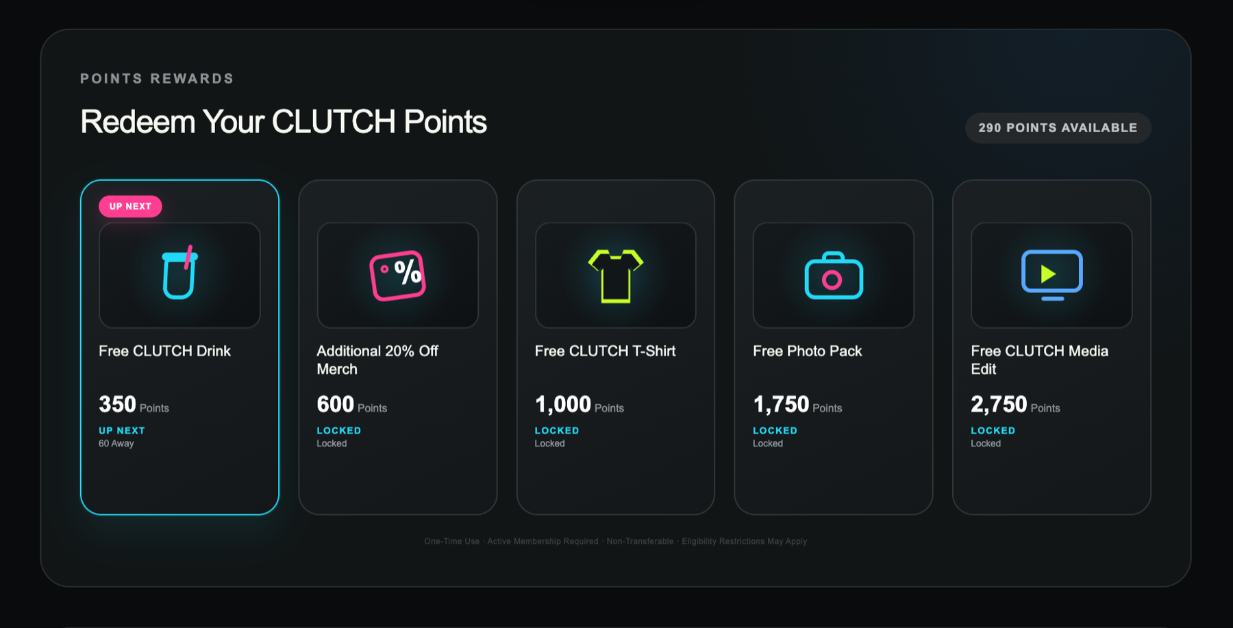 CLUTCH Points Rewards dashboard with drink, merchandise, photo, and media rewards